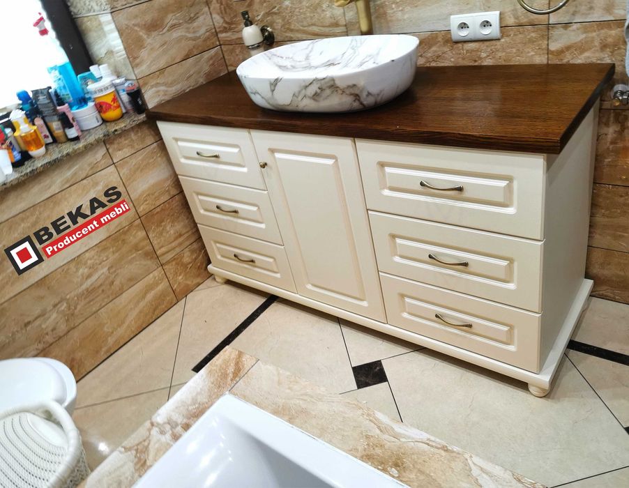 Łazienka KOMODA pod Umywalkę Biała Blat Dąb  Producent BEKAS Meble