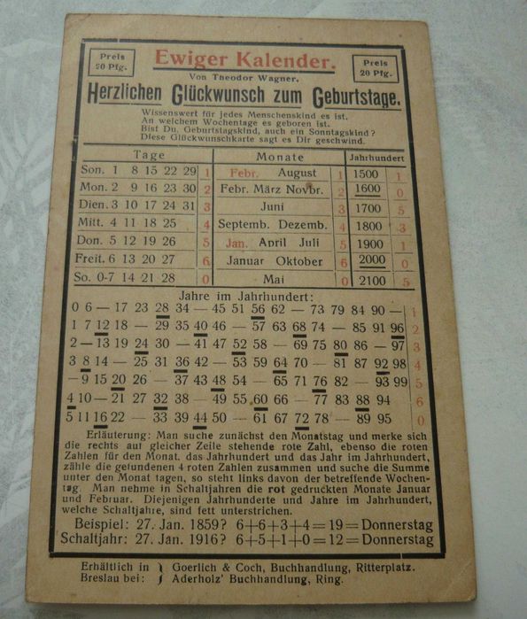 Niemiecka Karta Pocztowa Urodzinowa Wieczny Kalendarz Ewiger Kalender