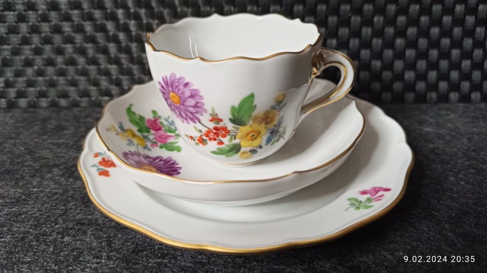 Porcelana MEISSEN TRIO MOKKA Miśnia Dekor kwiatowy