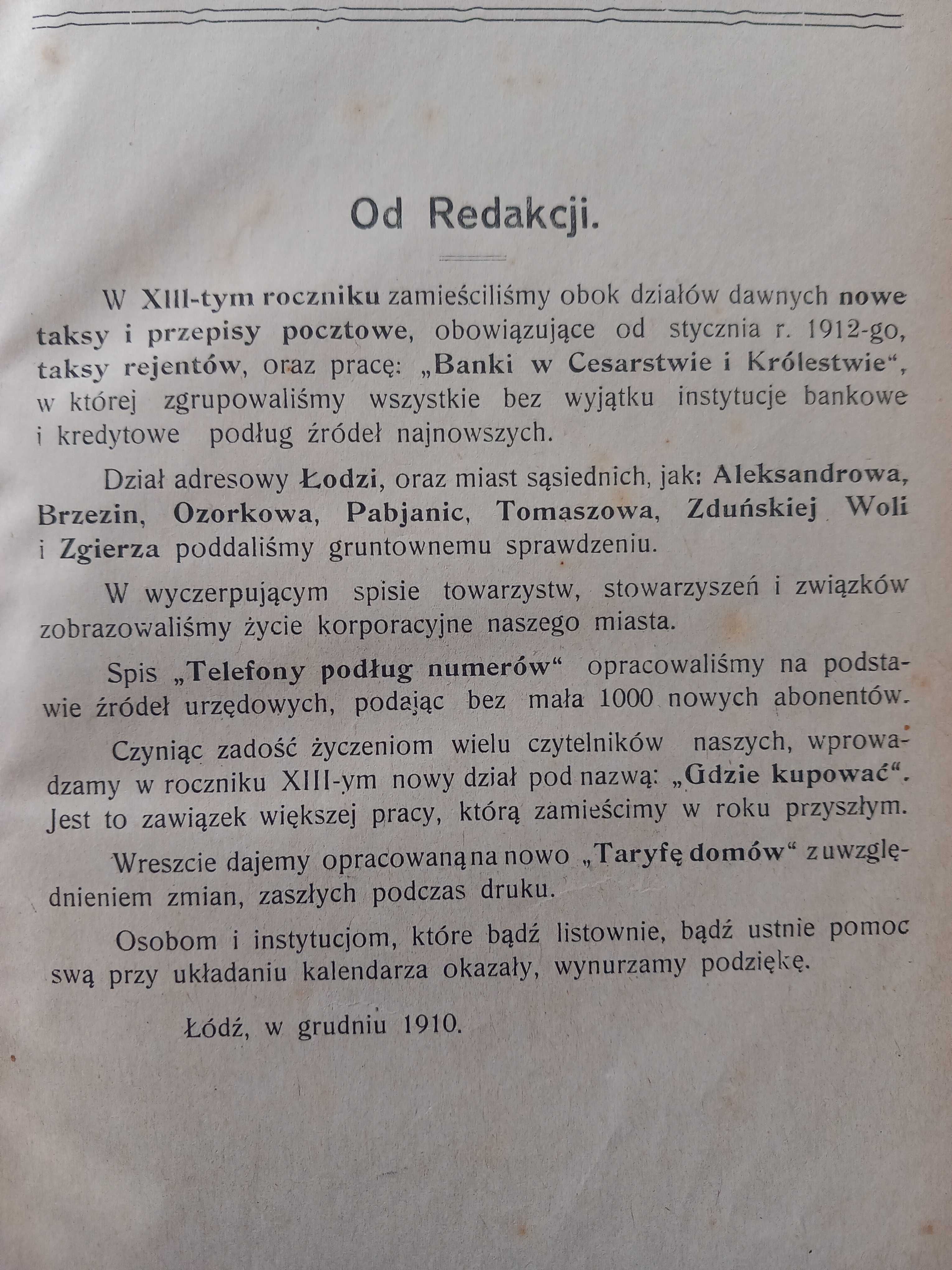 Informator łódzki adresy zakłady rzemieślnicze komunikacja rok 1912