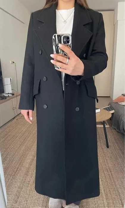 Płaszcz Zara czarny wełna wełniany dwurzędowy S