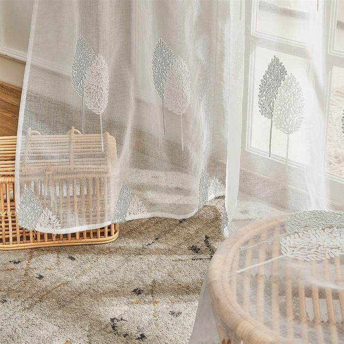 Zasłony Woalowe Haft Liście Białe 245x140 cm 2 sztuki