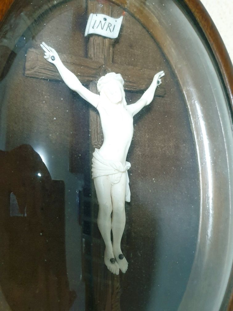 Precioso antigo registo / crucifixo esculpido emoldurado vidro curvado