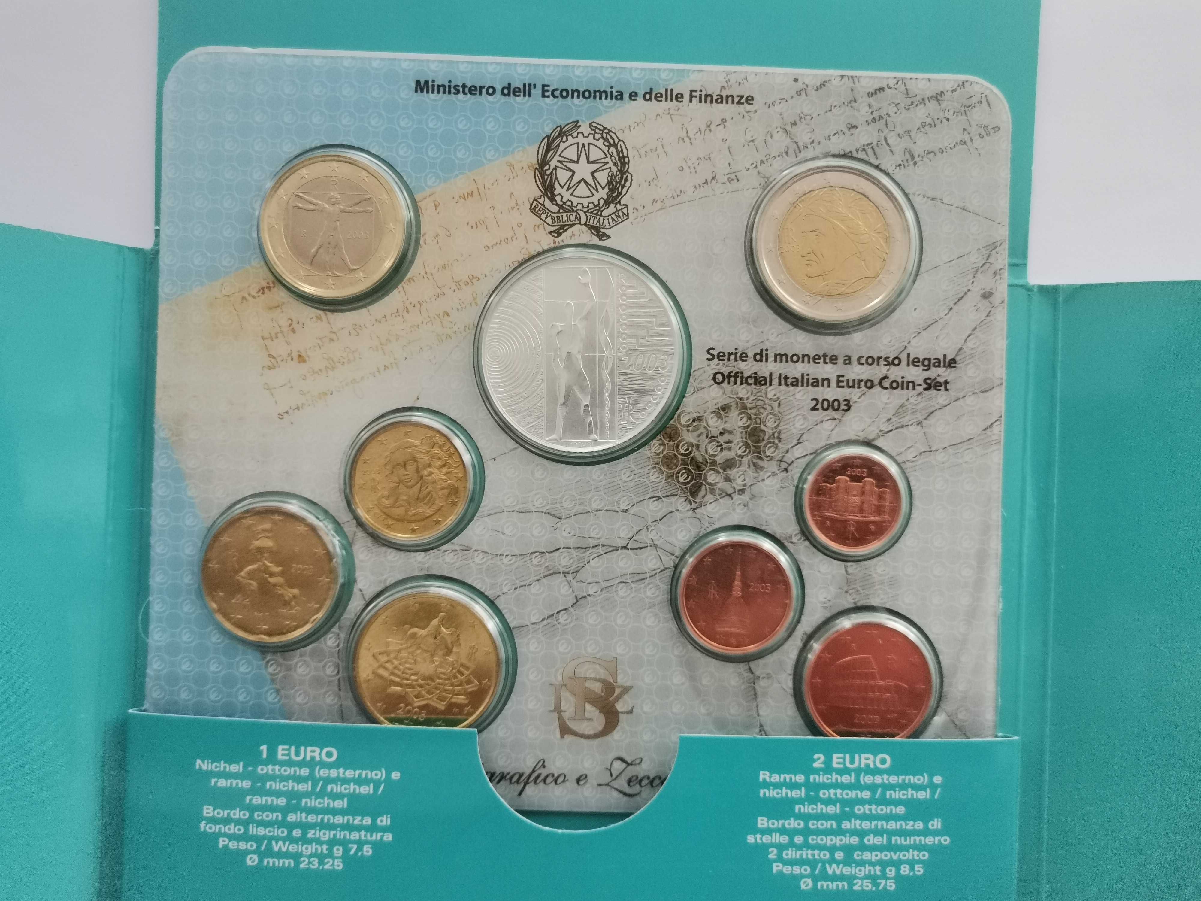Set Conjunto Euro - Itália 2003 BNC 1ct até 2e + Moeda de prata 5 euro