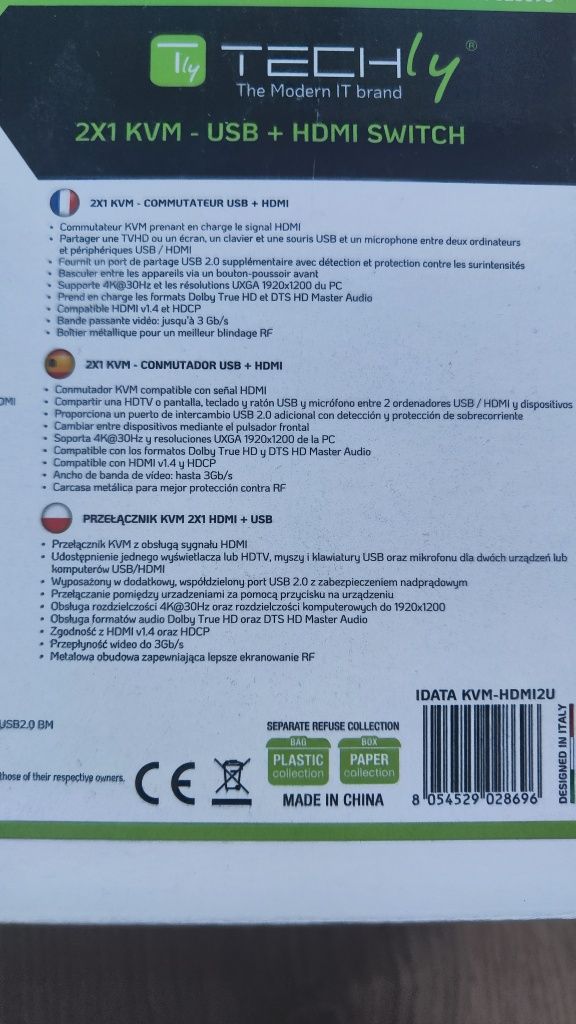 Techly 2-portowy przełącznik KVM HDMI/USB 2x1 z audio