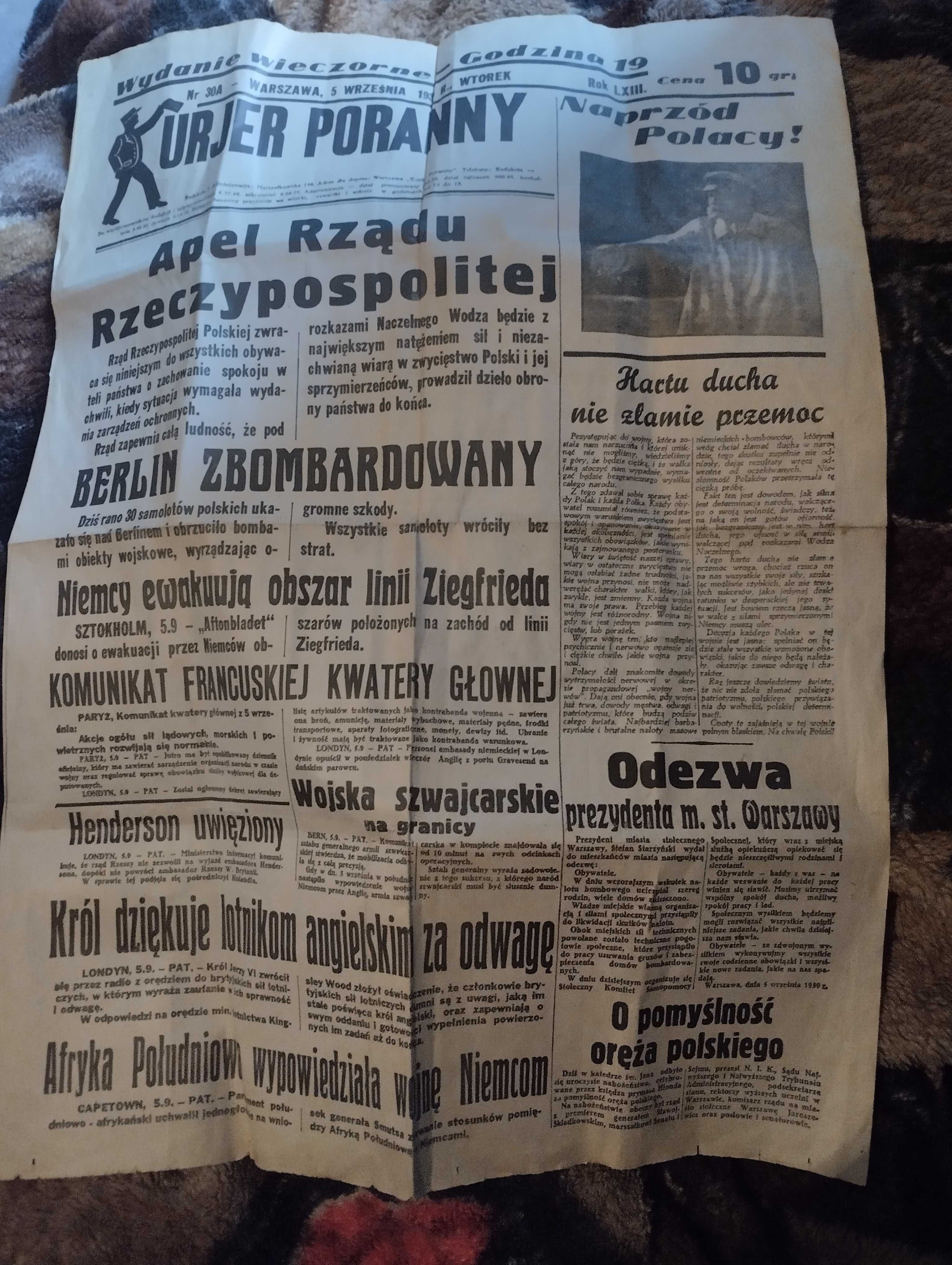 gazeta z roku 1939 kurier poranny