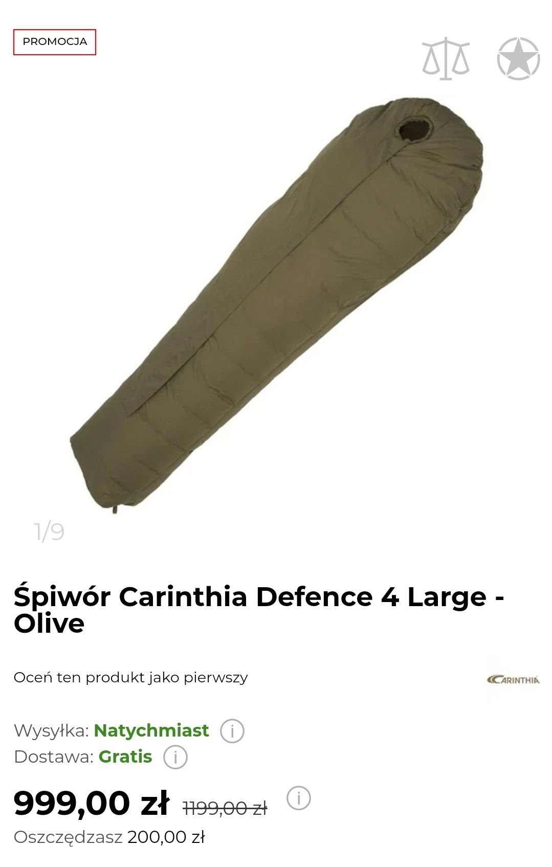 PRO Śpiwór Carinthia Defence 4 Large 185cm - Olive (-30% nowego)