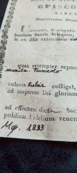 Relikwiarz, relikwia św Piotr. Certyfikat.
