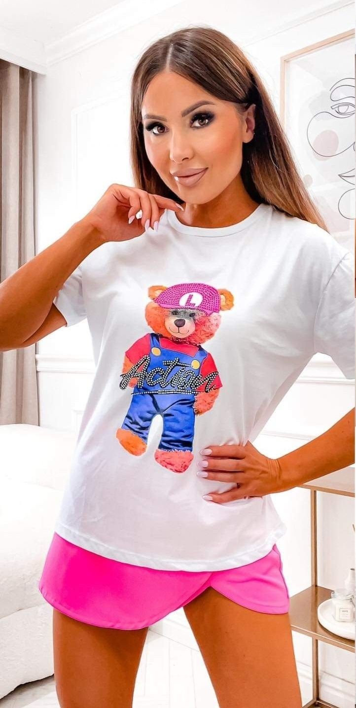 Bluzka tshirt biała miś kolorowy cyrkonie L