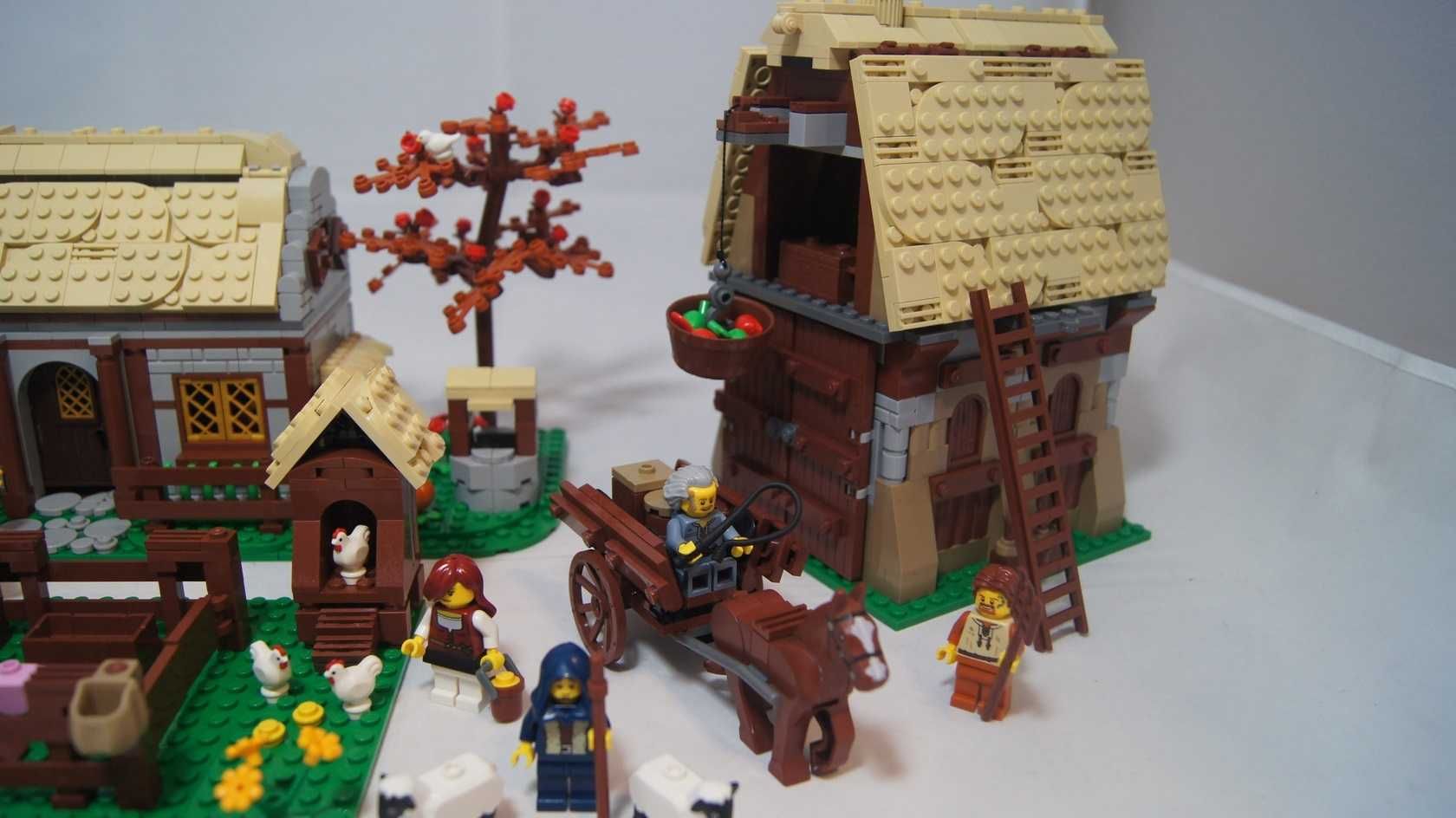 Lego MOC Średniowieczna Wioska Castle figurki zwierzęta stodoła młyn