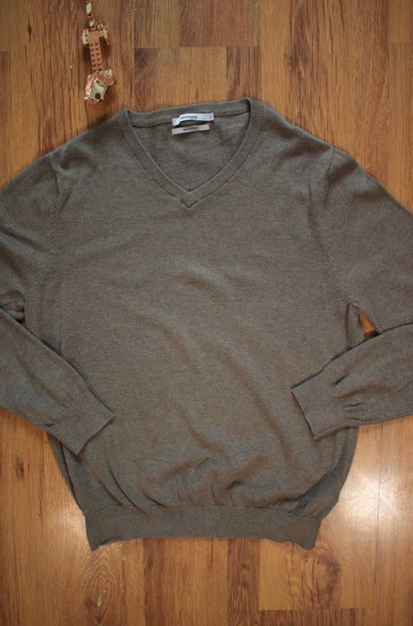 Sweter Dressmann r. L bawełniany męski dł rękaw dekolt v beżowy