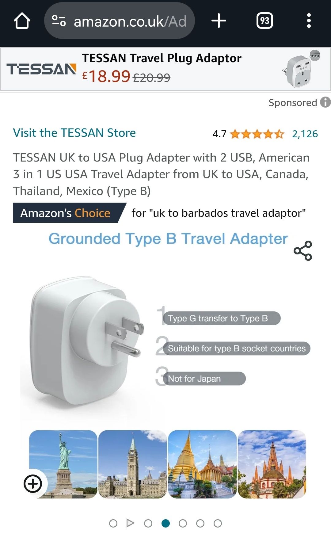 Переходник Tessan с британской на американскую розетку (Type B)