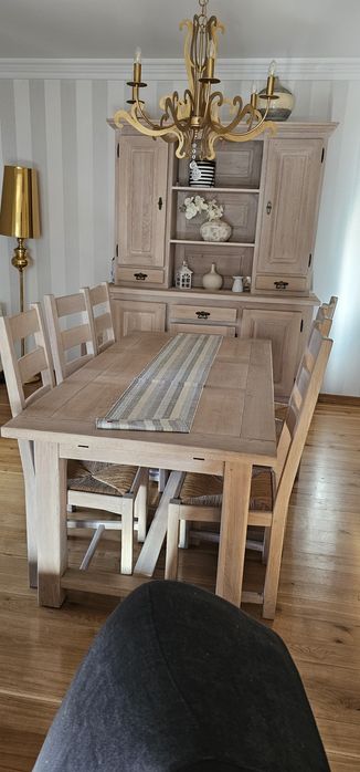 Stół dębowy bielony i 6 krzeseł do jadalni