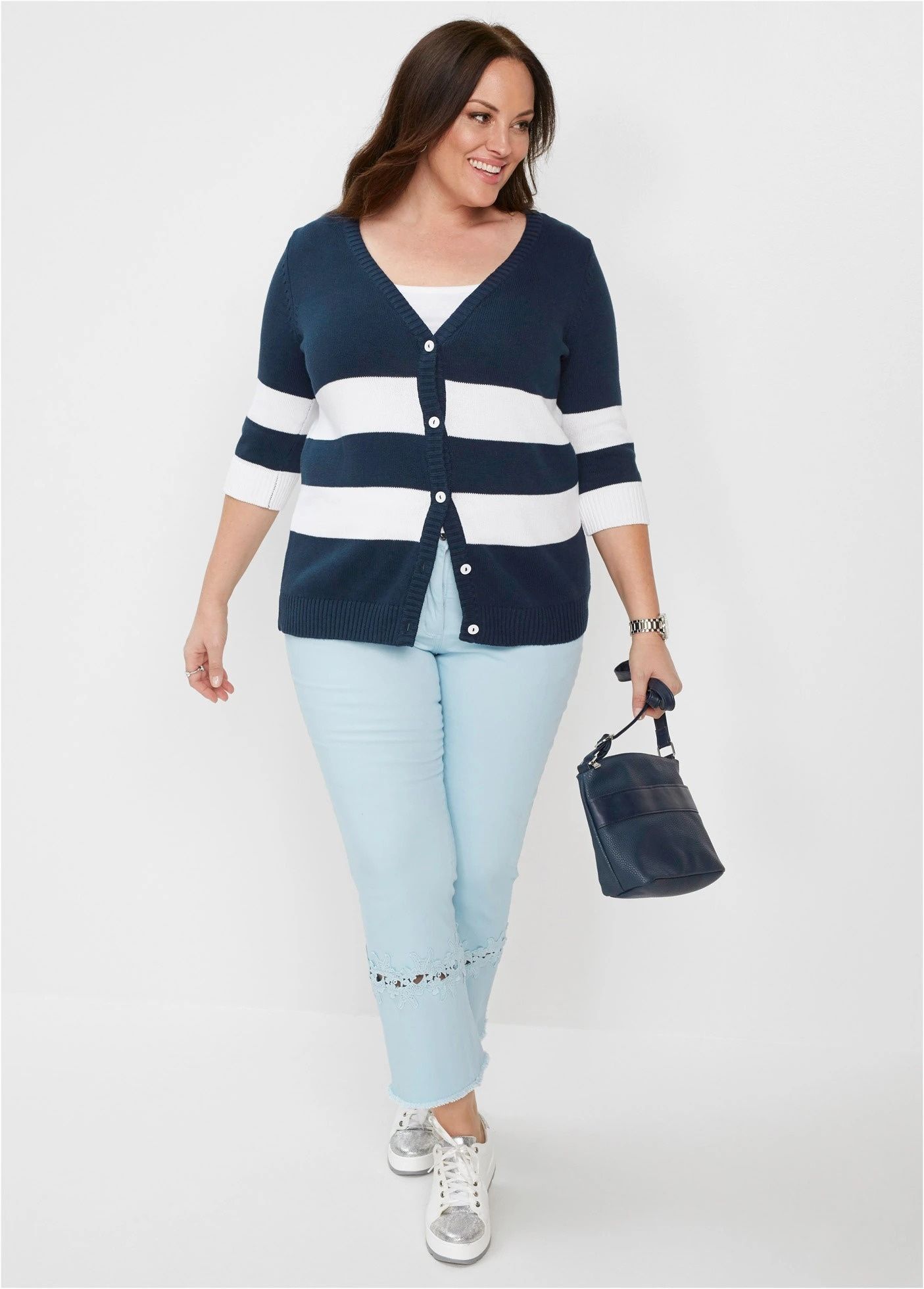 B.P.C sweter rozpinany w paski biało-granatowy ^48/50