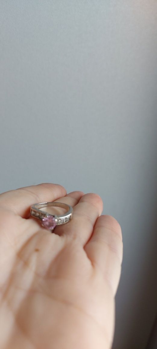 Pierścionek antyk srebro topaz różowy kryształy górskie