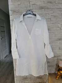 Biała lekka dłuższa koszula tunika z dekoltem V z rozcięciem S/M