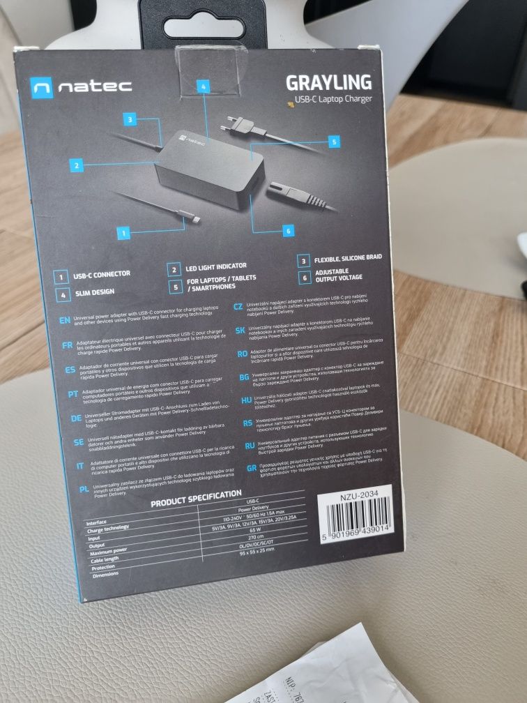 Zasilacz do laptopa, ładowarka Natec USB-C, paragon, Gwarancja