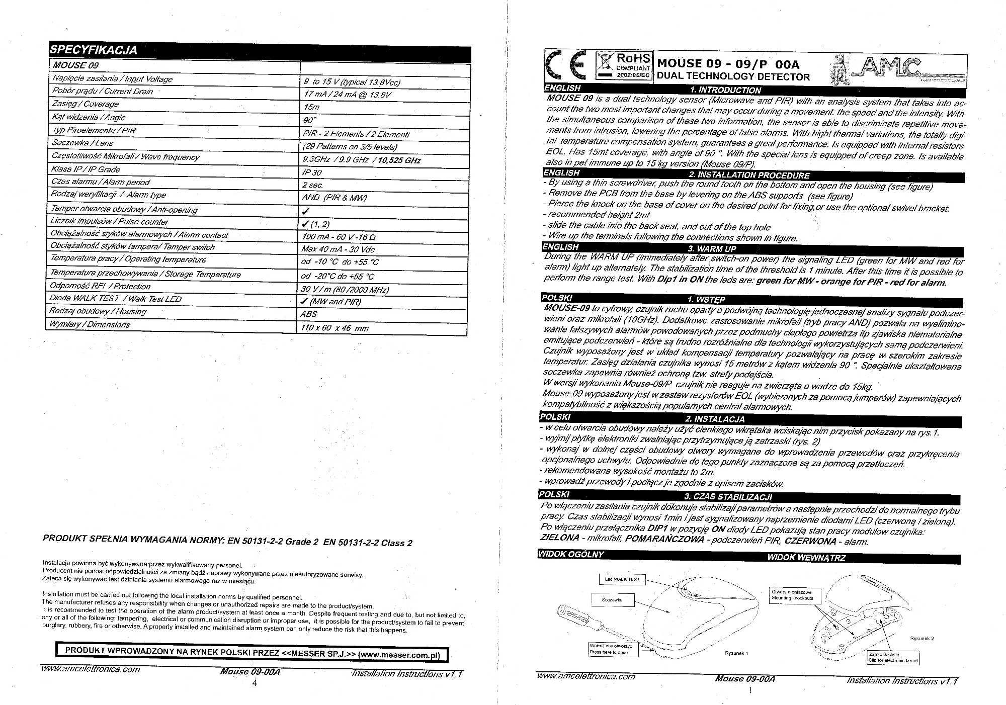 Czujnik do alarmu dualny Mouse 09 AMC Italy (PIR+MW) - duża ilość