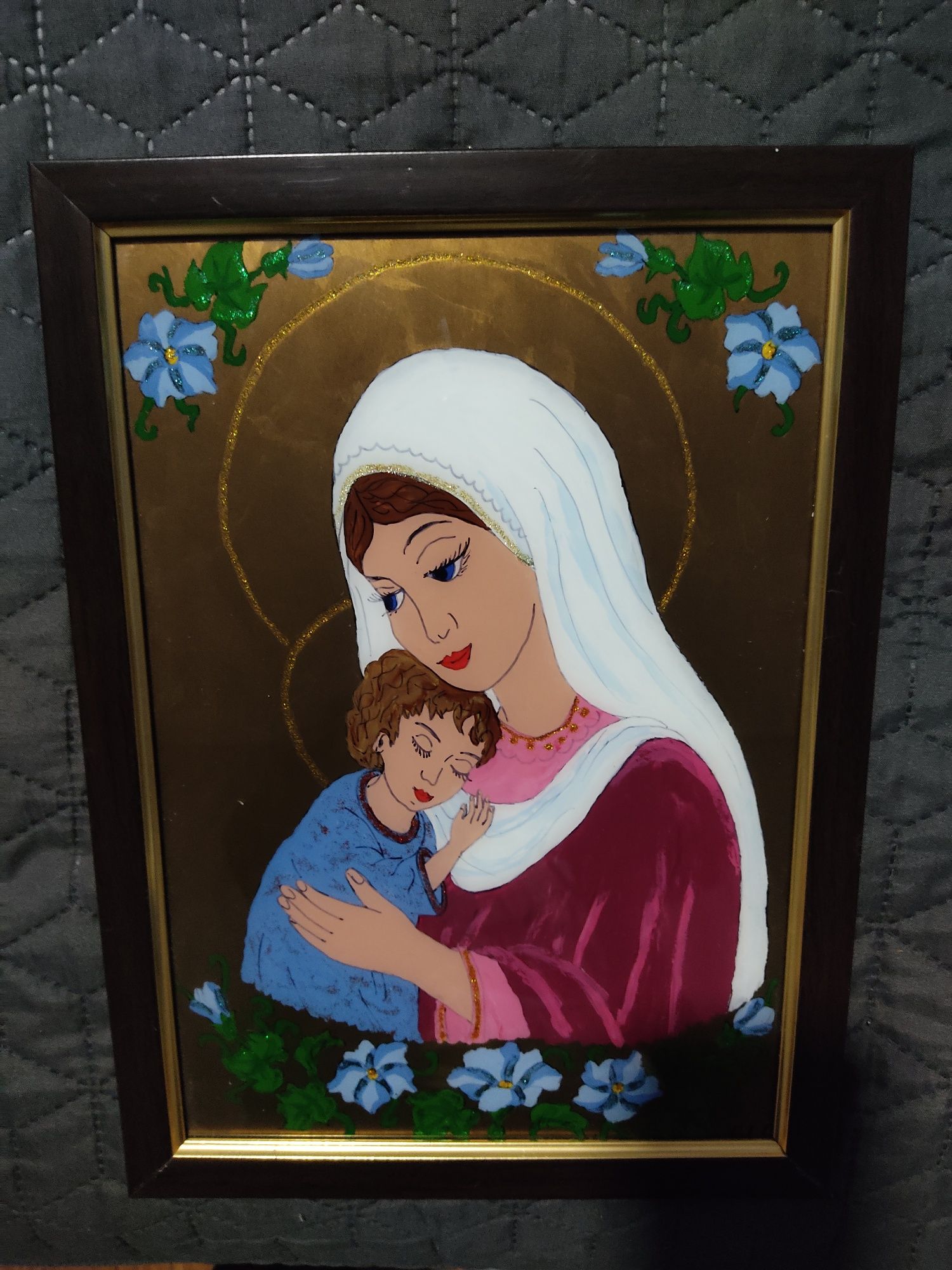 "Maria i Jezus"-przepiękny obraz malowany na szkle!