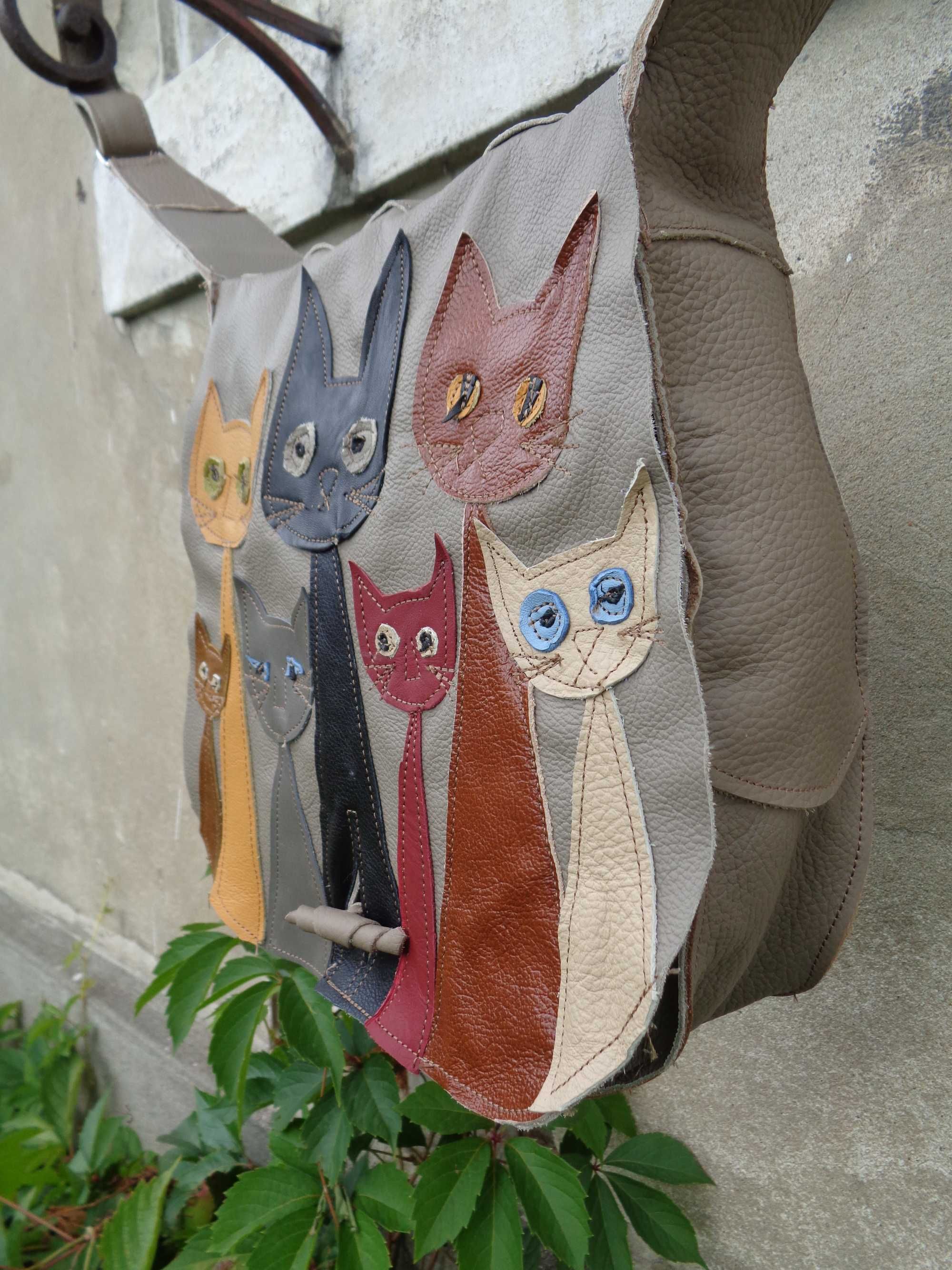 Artystyczna torebka skórzana z kotami.  Handmade