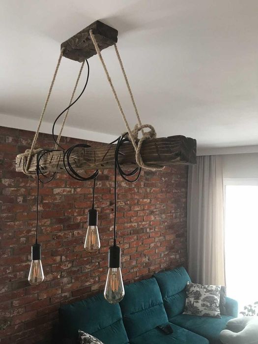 Lampa Rustykalna Loft Stara Drewniana belka Sznur Jutowy
