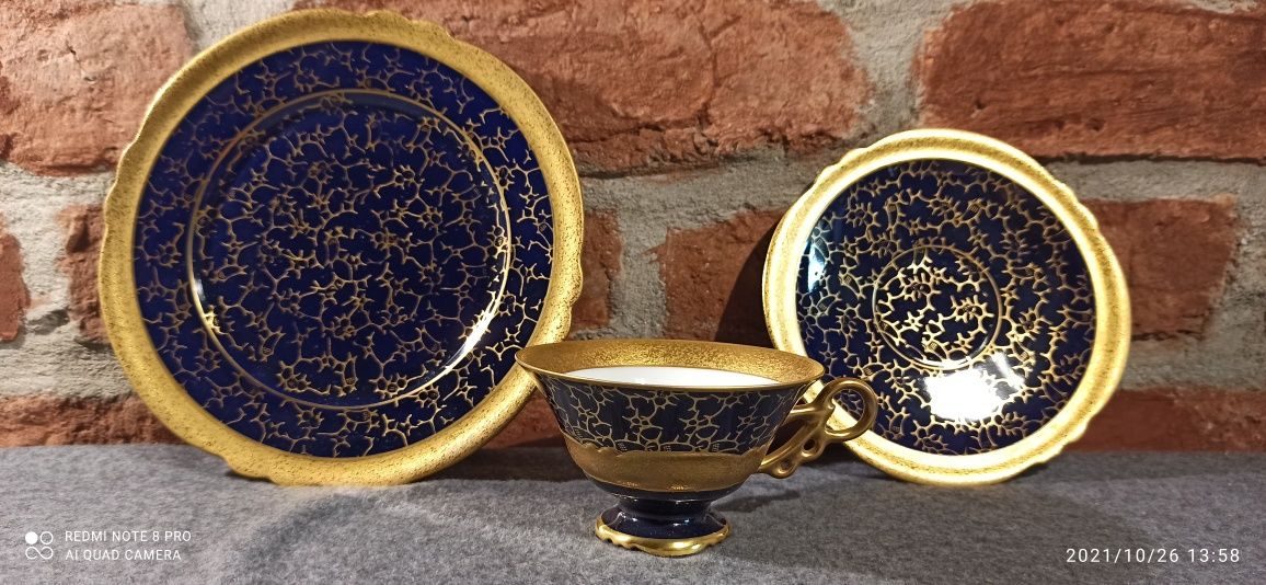 R..Porcelana  ILMENAU TRIO BRABANT Echt Kobalt 24K złocona