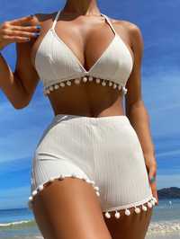 Strój Kąpielowy Bikini Prążkowany Z Frędzlami Z Szortami Biały Shein L