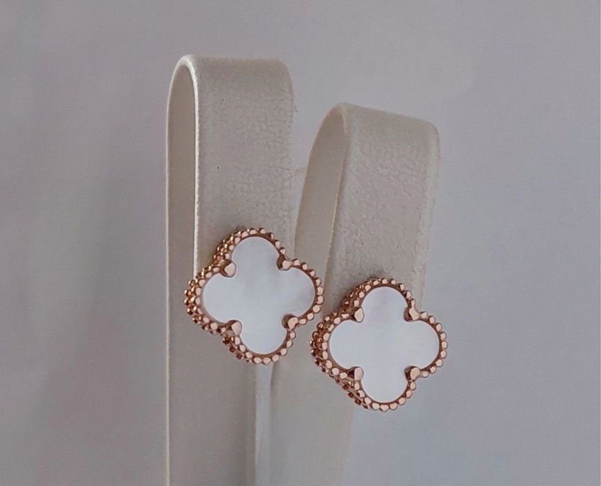 Золотые серьги Ван клиф клевер золото 585 проба с перламутром