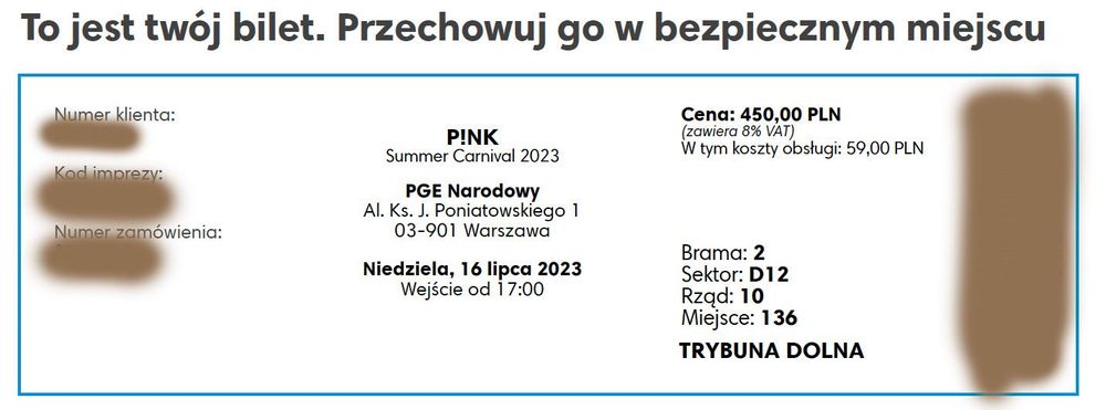 Bilet koncert Pink Warszawa 16 lipca