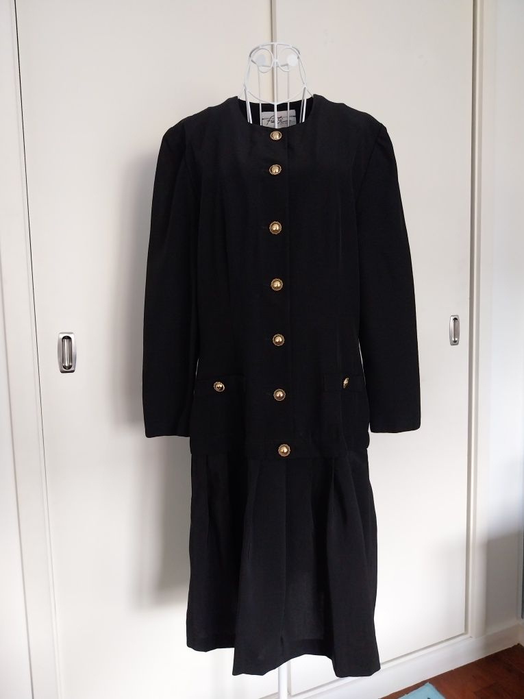 Vestido Vintage | Fim Gi | preto botões dourados, Tamanho 40