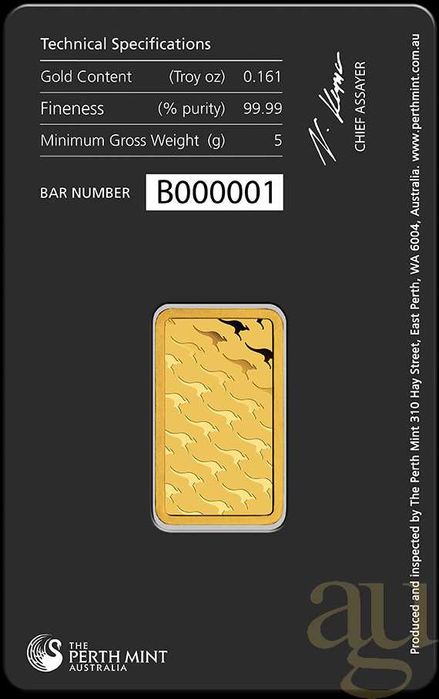 Barra de ouro de 5 gramas Perth Mint - Canguru