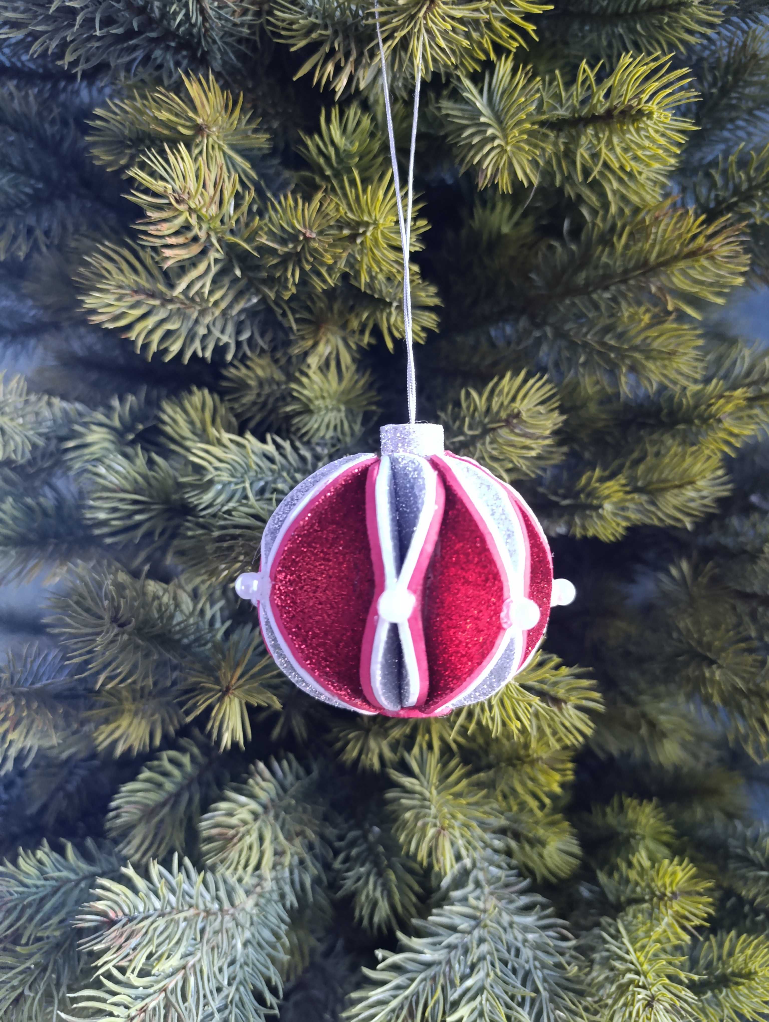 Bombki handmade świąteczne z pianki brokat srebrne czerwone na choinkę