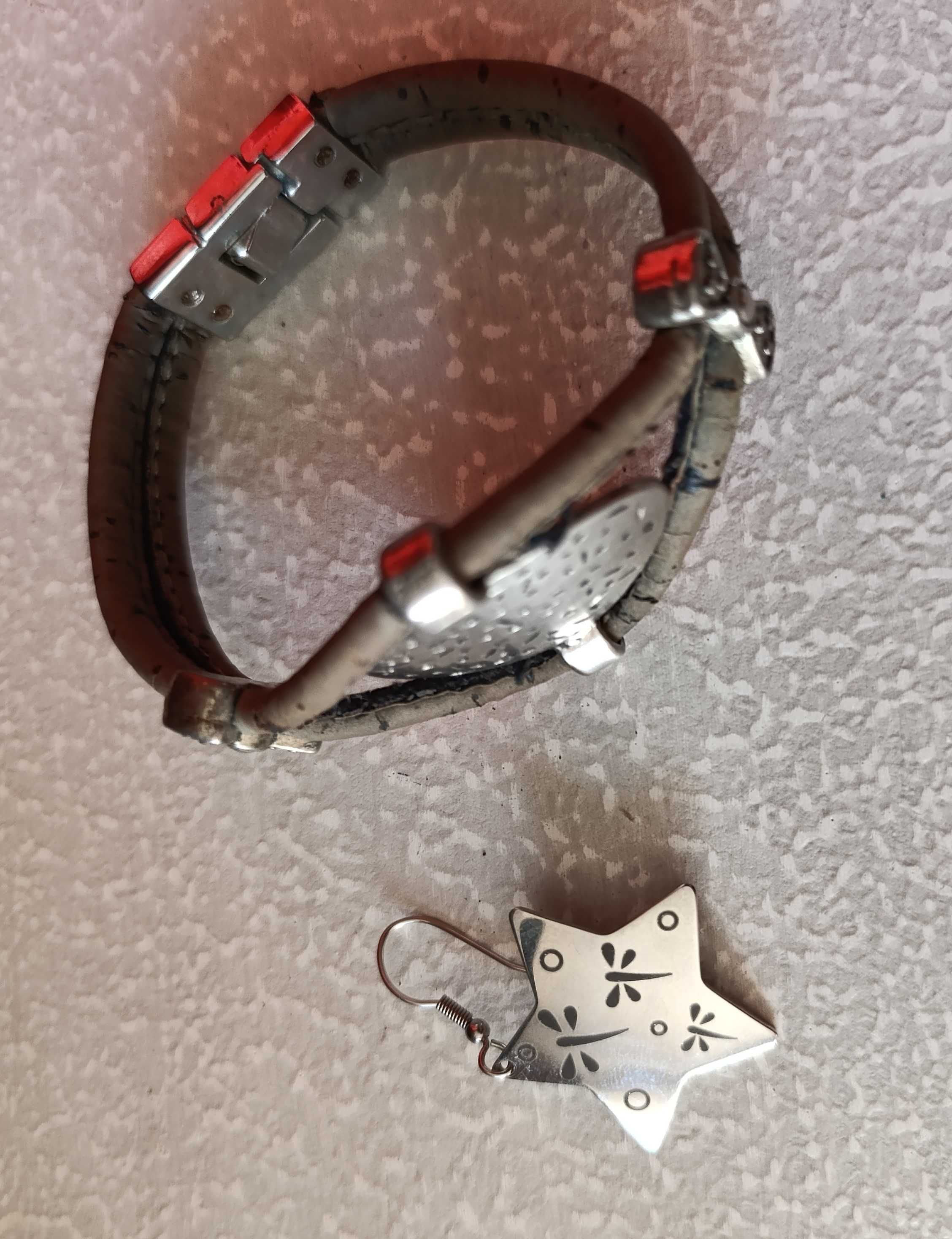 Conjunto Pulseira pele Genuína, verde e metal + 1 Brinco Estrela