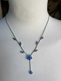 Nowy śliczny srebrny naszyjnik błękitne kwiatuszki cyrkonie vintage