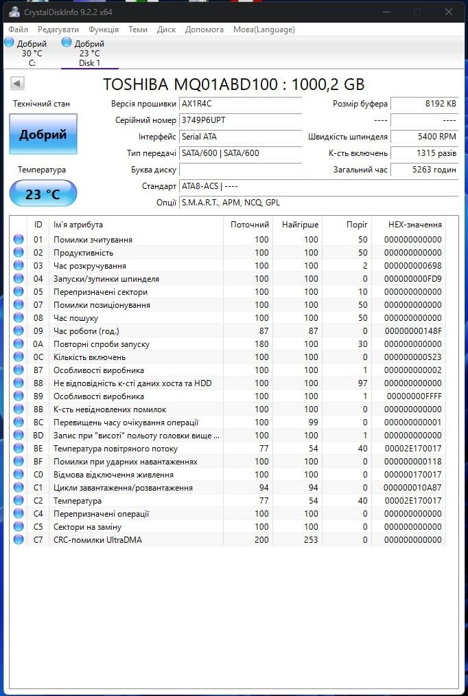 Вінчестер Toshiba (MQ01ABD100) 1ТБ