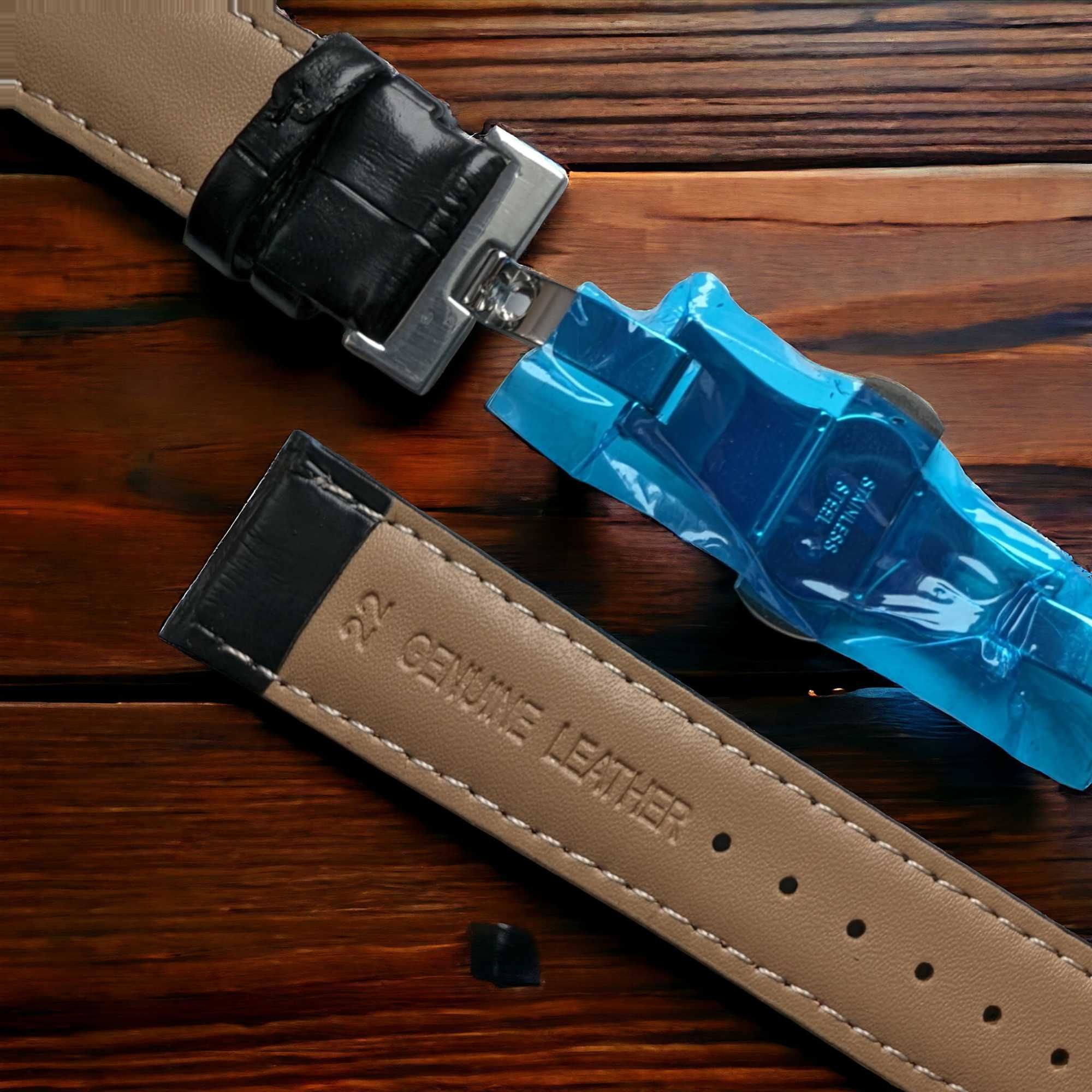Pasek do zegarka AVIATOR 22 mm czarny biała nitka zapięcie motylkowe