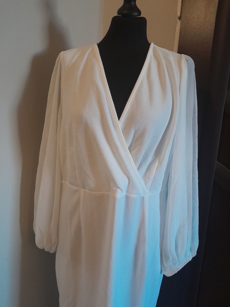 Biała długa maxi sukienka kopertowy dekolt L XL 40 42