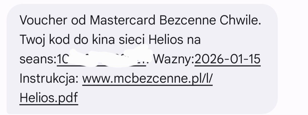 Helios bilet do kina KOD VOUCHER Ważny 15.01.2026