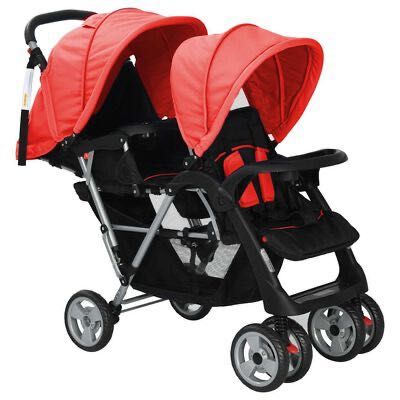 Wózek spacerowy dla bliźniąt, tandem czerwono-czar VidaxL