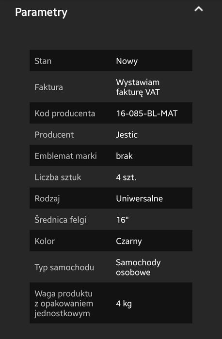 4 x Kołpaki 16 do  , czarne