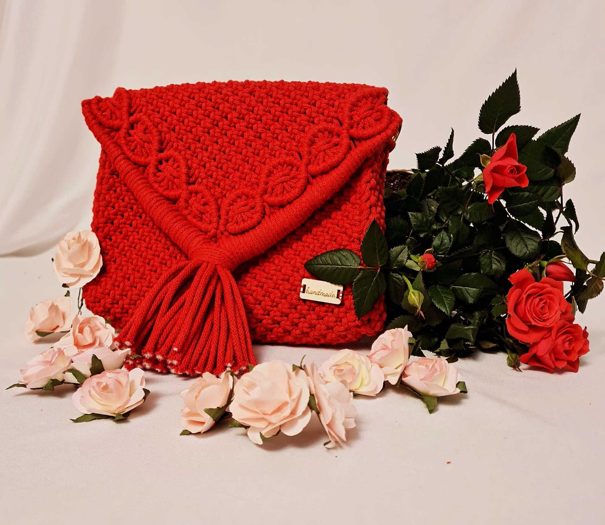 Torebka czerwona na ramię ze sznurka boho makrama