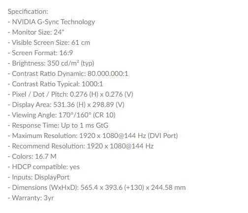 Monitor Pure GSync AOC G2460PG 144 FPS