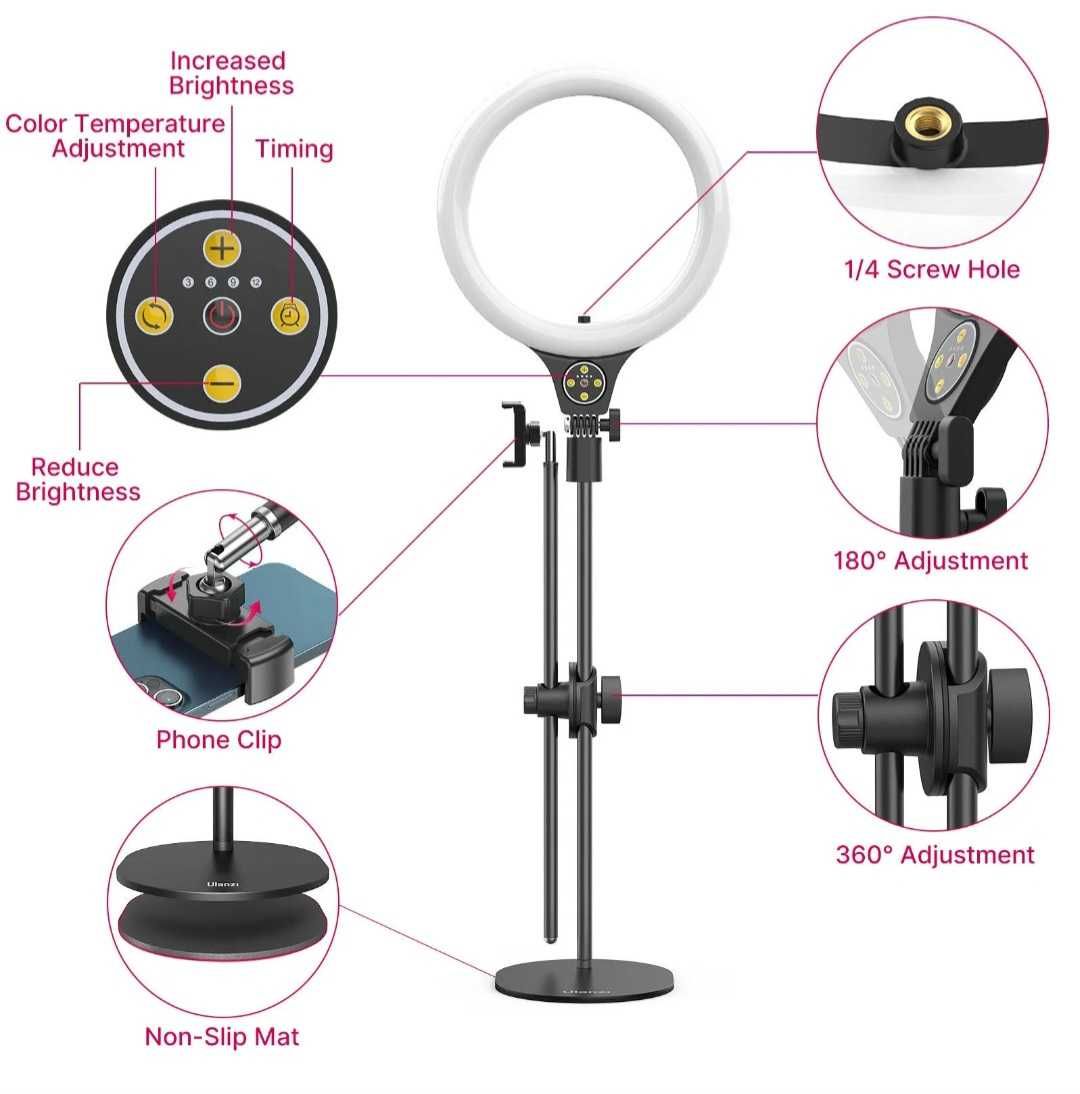 Lampa ring pierścieniowa 10" statyw uchwyt na telefon vlogowanie live