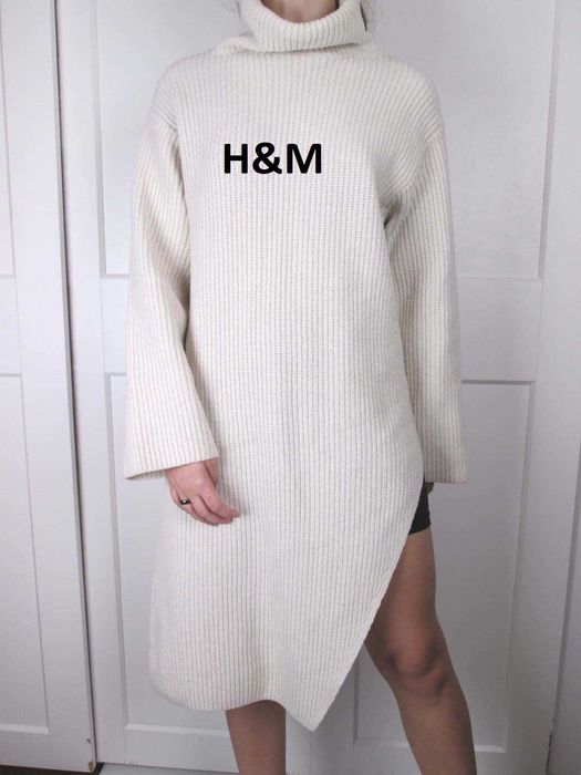 H&M dzianinowa ciepła sukienka z rozcięciem  sweter golf XS S 34 36