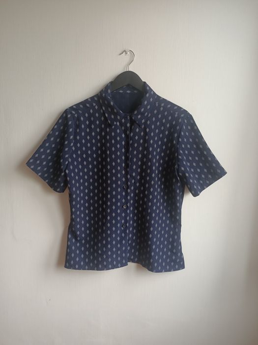 Koszula z krótkim rękawem granatowa we wzory elegancka biurowa vintage