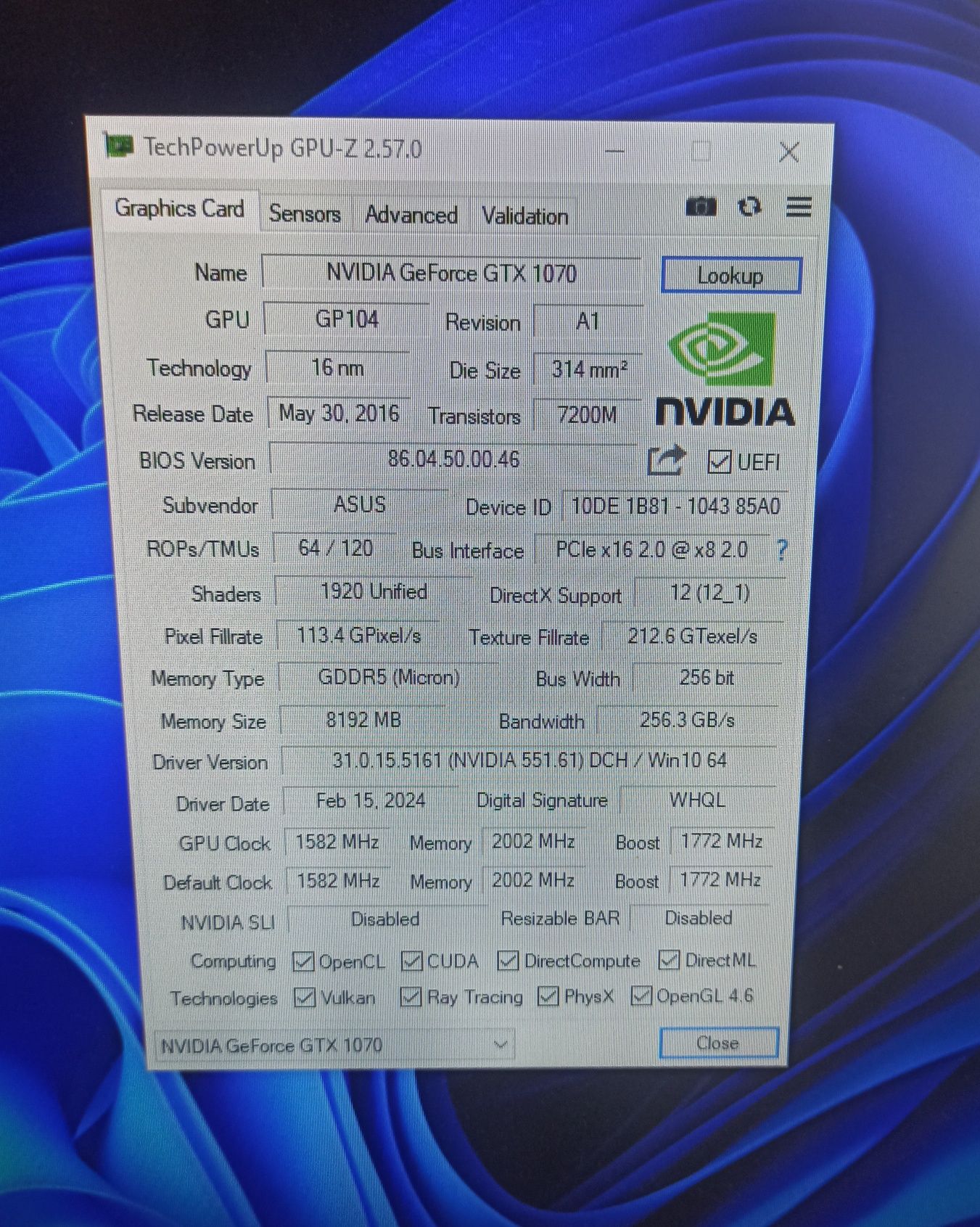 Nvidia Gtx 1070 8 gb (Asus dual)