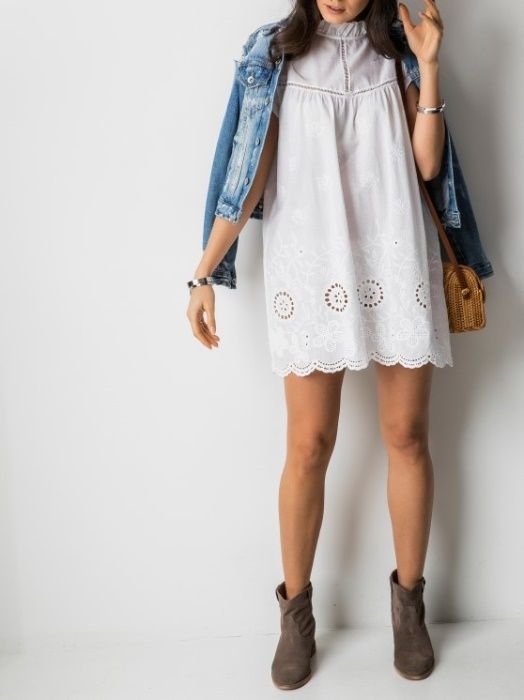 Biała*BOHO*Haftowana*Sukienka*Koronka*Gipiura*Stójka*R.XL/XXL