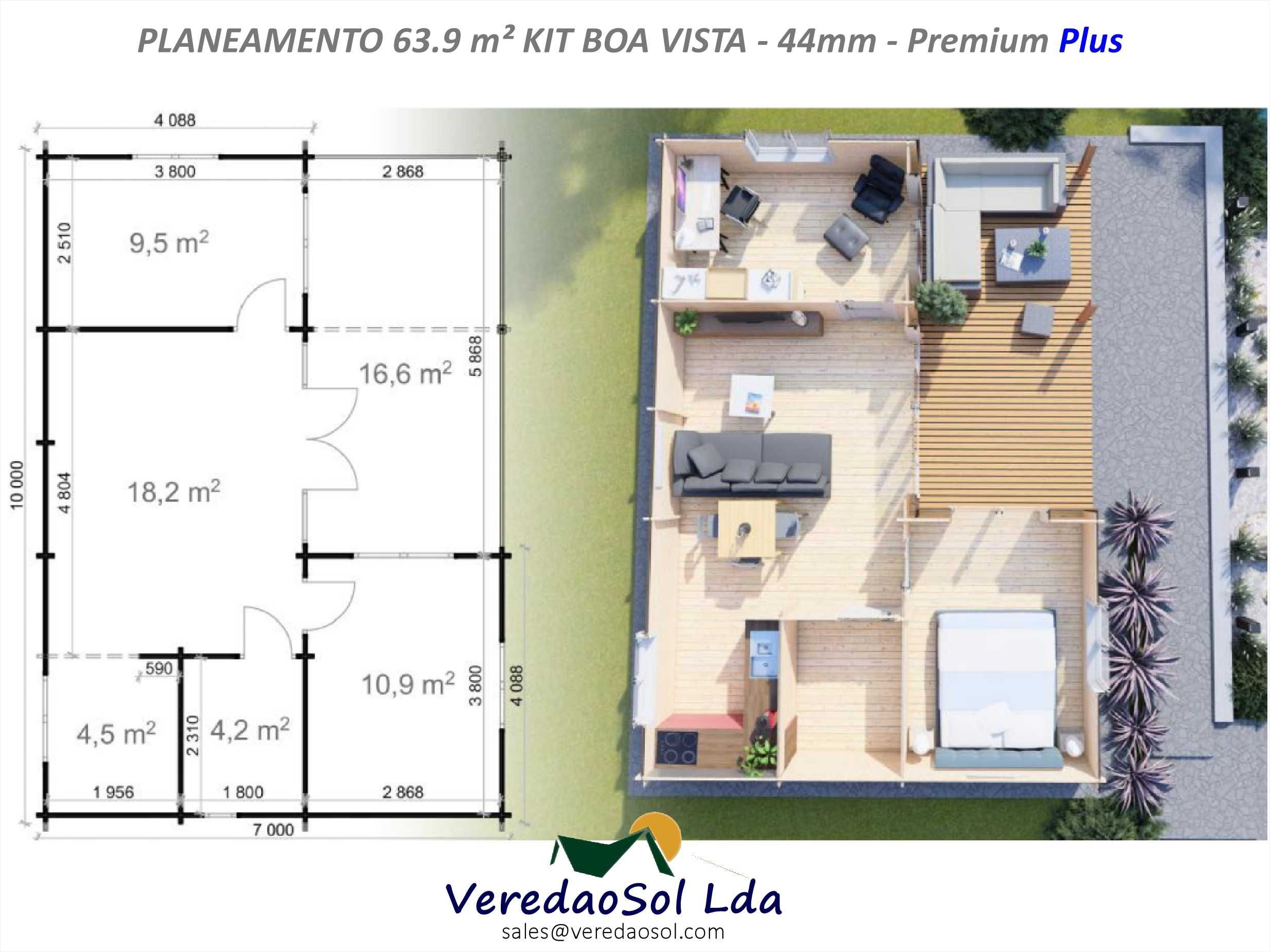 Casa madeira ARICA T2-Boa vista 63.9 m² 44 - 58 e 68 mm PREÇO SUPERIOR