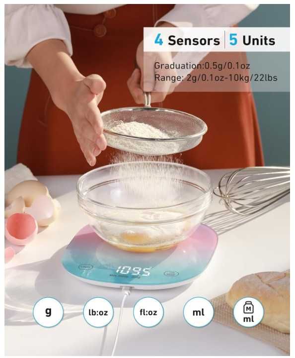Cyfrowa waga kuchenna do 10kg, wyświetlacz LED, aplikacja Bluetooth