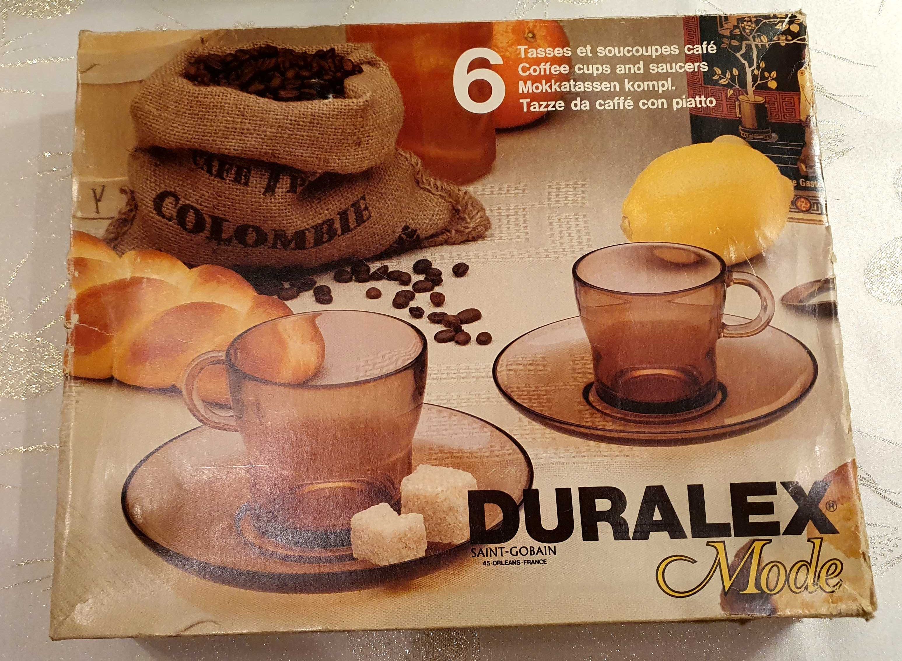 Duralex.Stylowy zestaw kawowy. Lata 70-te. Nowy w pudełku.12 elementów